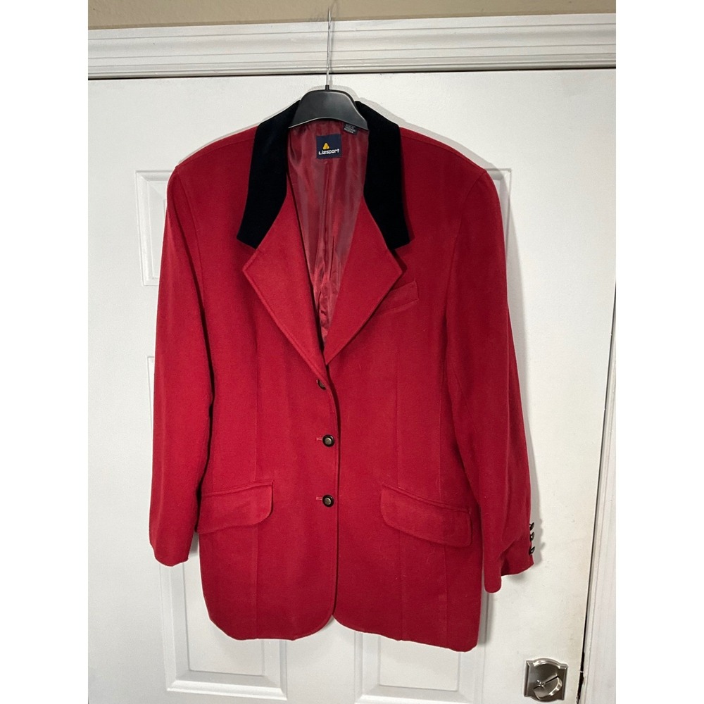 Lizsport Womens Red Wool Blend Blazer Jacket Black Velvet Collar Vintage Size 14
